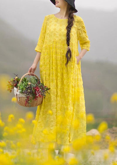 Unique Yellow Embroidery Tunic Dress O Neck Half Sleeve Maxi Dresses - bagstylebliss