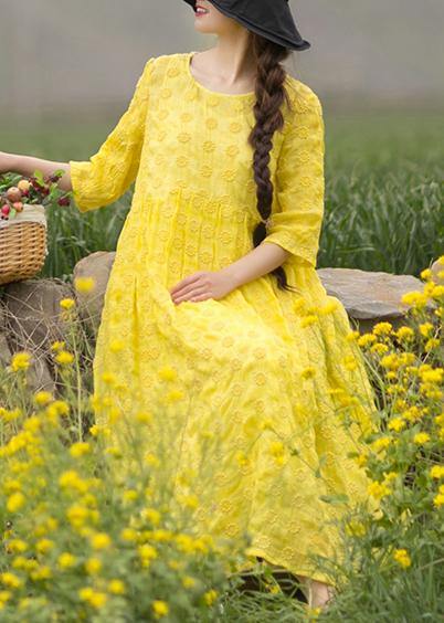 Unique Yellow Embroidery Tunic Dress O Neck Half Sleeve Maxi Dresses - bagstylebliss