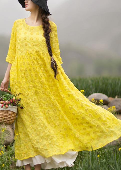 Unique Yellow Embroidery Tunic Dress O Neck Half Sleeve Maxi Dresses - bagstylebliss