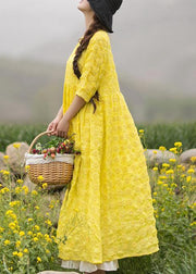 Unique Yellow Embroidery Tunic Dress O Neck Half Sleeve Maxi Dresses - bagstylebliss