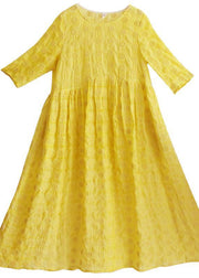 Unique Yellow Embroidery Tunic Dress O Neck Half Sleeve Maxi Dresses - bagstylebliss