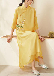 Unique Yellow Mandarin Collar Print Summer Dresses - bagstylebliss
