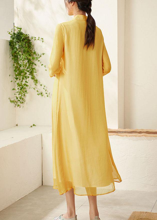 Unique Yellow Mandarin Collar Print Summer Dresses - bagstylebliss