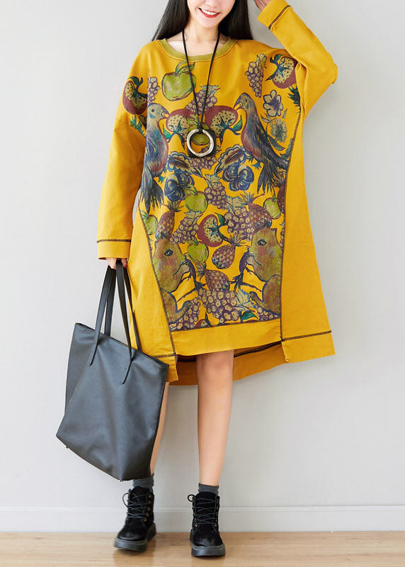 Unique Yellow O-Neck Asymmetrical Animal print Dress Spring