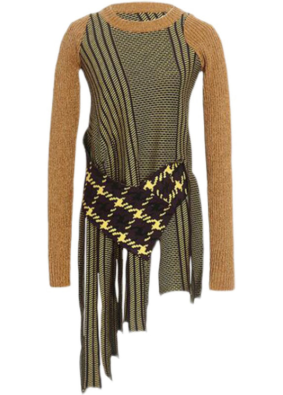 Unique Yellow O-Neck Asymmetrical Patchwork Knit Tops Fall