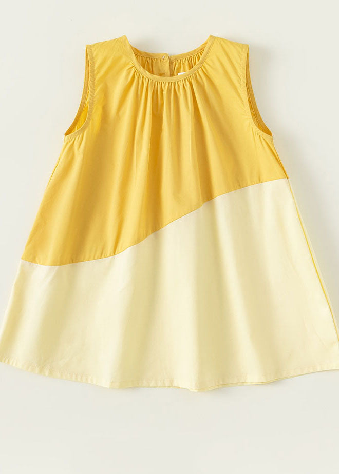 Unique Yellow O Neck Patchwork Cotton Baby Girls Dresses Sleeveless