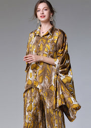 Unique Yellow Print Batwing Sleeve asymmetrical design top Wide Leg Two Pieces Set