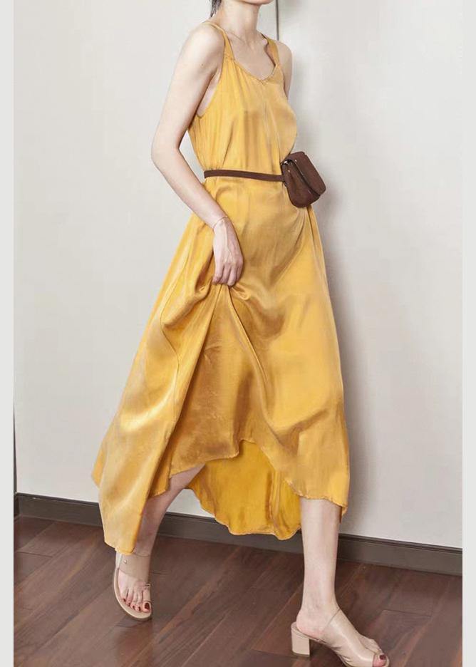 Luxy Silk Dress Yellow Spaghetti Strap Maxi Dress Sundresses - bagstylebliss