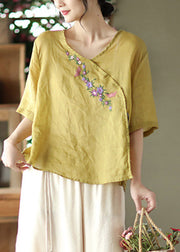 Unique Yellow V Neck Embroidered Floral Linen T Shirt Half Sleeve