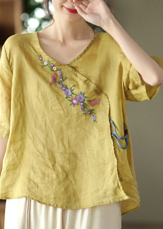 Unique Yellow V Neck Embroidered Floral Linen T Shirt Half Sleeve