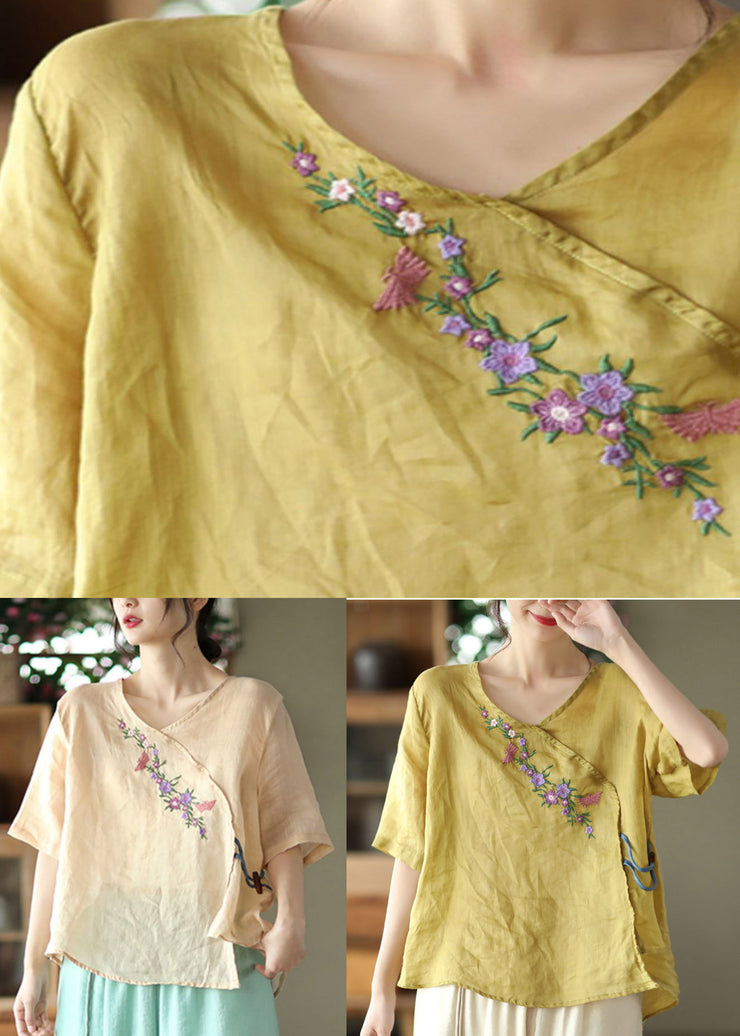 Unique Yellow V Neck Embroidered Floral Linen T Shirt Half Sleeve