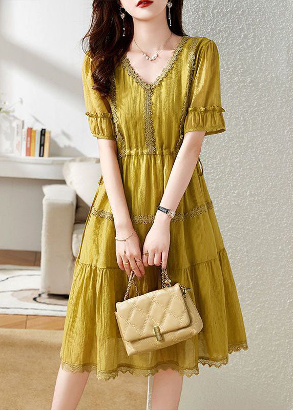 Unique Yellow V Neck Lace Patchwork Chiffon Dress Summer