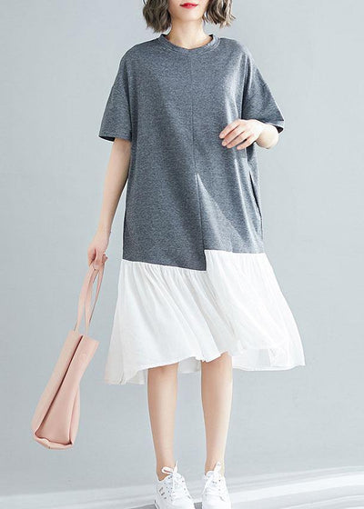 Unique asymmetric patchwork cotton Tunic Shirts gray short sleeve Traveling Dresses summer - bagstylebliss