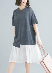 Unique asymmetric patchwork cotton Tunic Shirts gray short sleeve Traveling Dresses summer - bagstylebliss