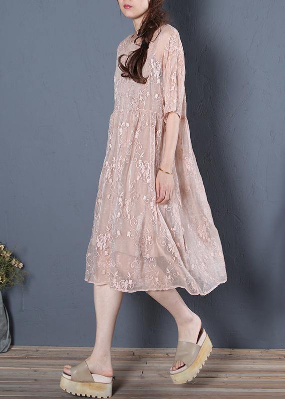 Unique beige clothes For Women o neck half sleeve oversized summer Dress - bagstylebliss