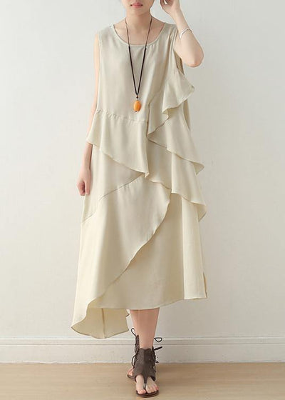 Unique beige sleeveless chiffon tunic top layered Maxi summer Dress - bagstylebliss