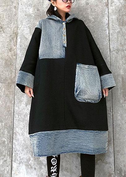 Unique black Cotton Tunics hooded pockets cotton Dress - bagstylebliss