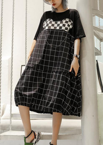 Unique black Plaid Cotton Wardrobes patchwork o neck Art summer Dresses - bagstylebliss