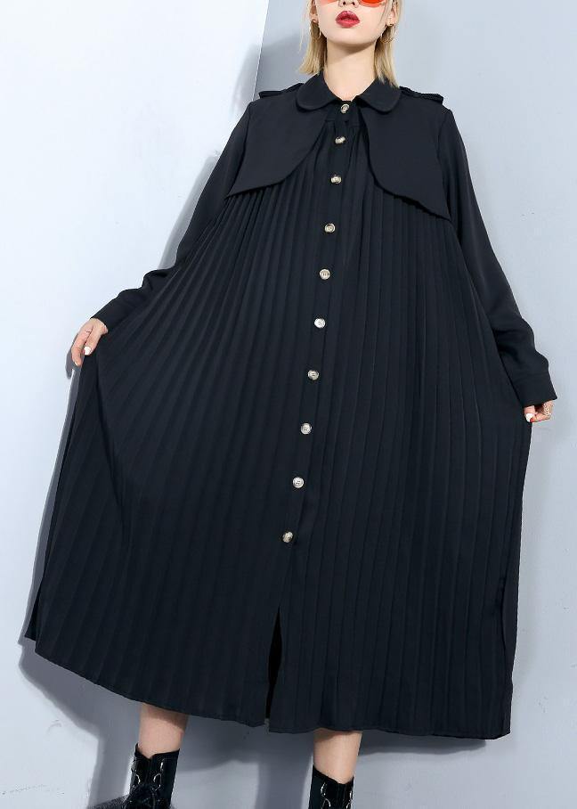 Unique black Plus Size trench coat Outfits patchwork pleated coat - bagstylebliss