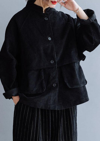 Unique black cotton coat stand collar pockets cotton fall shirts - bagstylebliss
