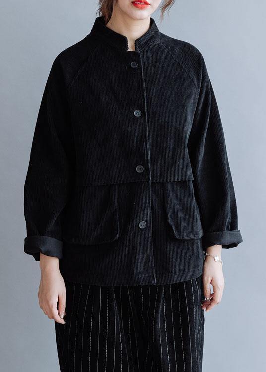 Unique black cotton coat stand collar pockets cotton fall shirts - bagstylebliss