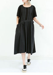 Unique black cotton dresses o neck patchwork cotton summer Dress - bagstylebliss