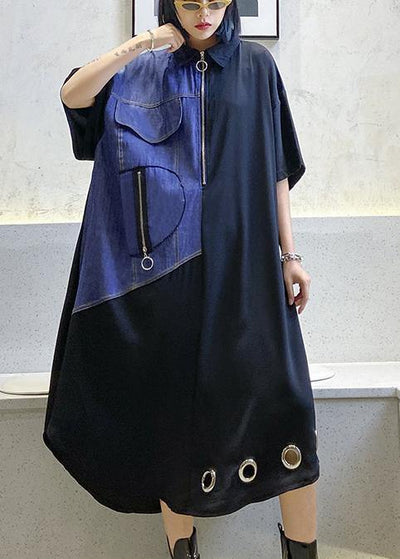 Unique black cotton tunics for women lapel patchwork Maxi Dress - bagstylebliss