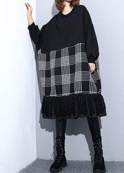 Unique black patchwork Cotton Long Shirts tassel A Line fall Dresses - bagstylebliss