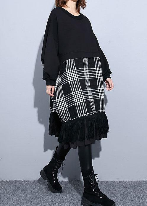 Unique black patchwork Cotton Long Shirts tassel A Line fall Dresses - bagstylebliss