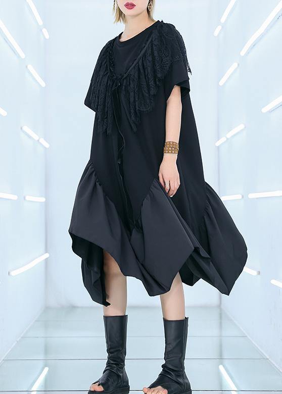 Unique black patchwork Cotton Tunics half sleeve cotton summer Dresses - bagstylebliss