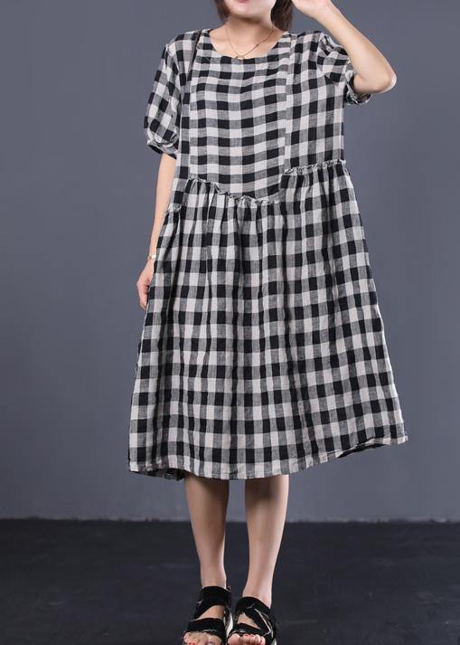 Unique black plaid cotton Tunics ruffles patchwork summer Dresses - bagstylebliss