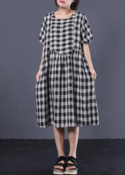 Unique black plaid cotton Tunics ruffles patchwork summer Dresses - bagstylebliss