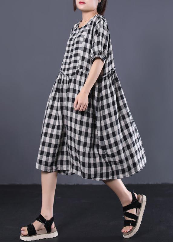 Unique black plaid cotton Tunics ruffles patchwork summer Dresses - bagstylebliss