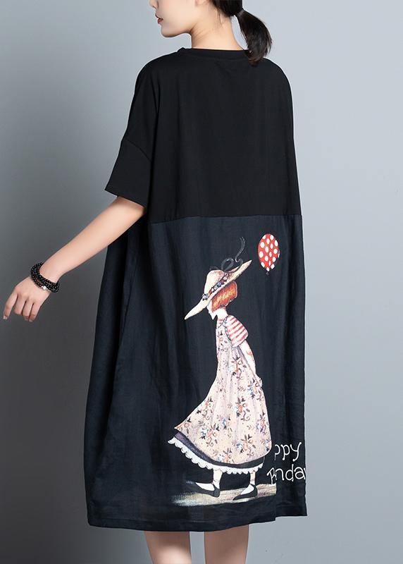 Unique black print dress o neck patchwork A Line summer Dresses - bagstylebliss