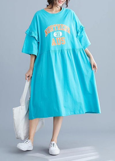 Unique blue alphabet prints cotton Long Shirts ruffles sleeve Maxi summer Dresses - bagstylebliss