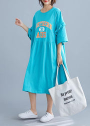 Unique blue alphabet prints cotton Long Shirts ruffles sleeve Maxi summer Dresses - bagstylebliss