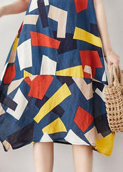 Unique blue asymmetric plaid Cotton dresses short sleeve Art summer Dress - bagstylebliss