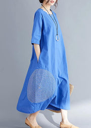 Unique blue cotton tunics for women fine Outfits o neck embroidery A Line Summer Dresses - bagstylebliss