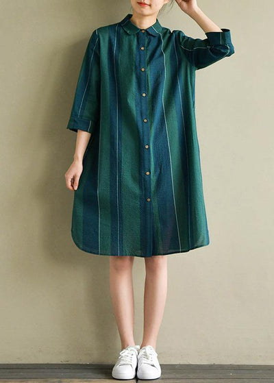 Unique blue green striped Cotton dresses lapel side open summer Dress - bagstylebliss