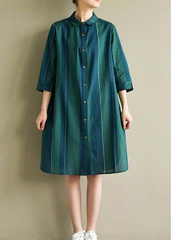 Unique blue green striped Cotton dresses lapel side open summer Dress - bagstylebliss