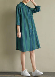 Unique blue green striped Cotton dresses lapel side open summer Dress - bagstylebliss