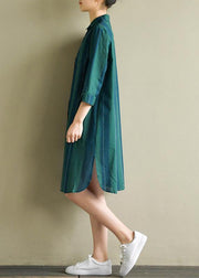 Unique blue green striped Cotton dresses lapel side open summer Dress - bagstylebliss