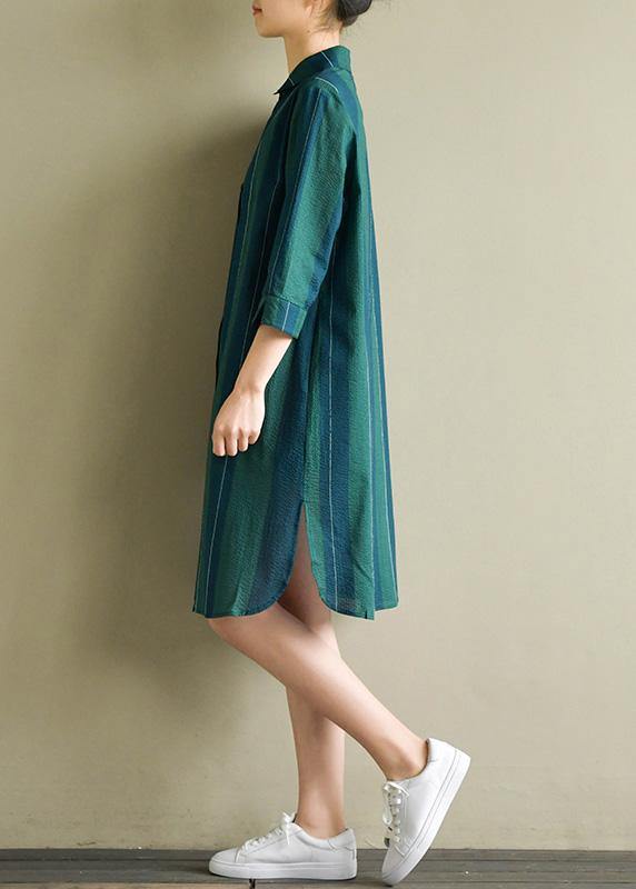 Unique blue green striped Cotton dresses lapel side open summer Dress - bagstylebliss