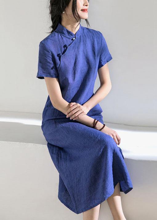 Unique blue linen Robes stand collar Robe summer Dresses - bagstylebliss