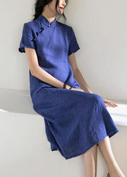 Unique blue linen Robes stand collar Robe summer Dresses - bagstylebliss