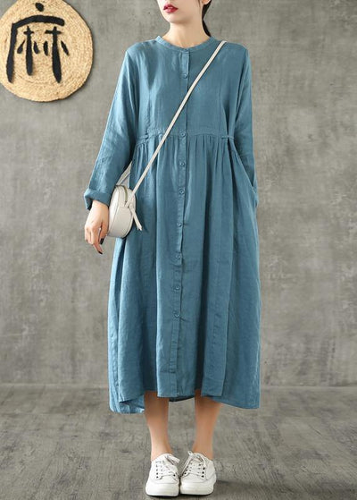Unique blue linen clothes For Women Cinched pockets Plus Size spring Dresses - bagstylebliss