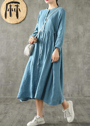 Unique blue linen clothes For Women Cinched pockets Plus Size spring Dresses - bagstylebliss