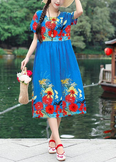 Unique blue short sleeve cotton Tunics print Maxi summer Dresses - bagstylebliss