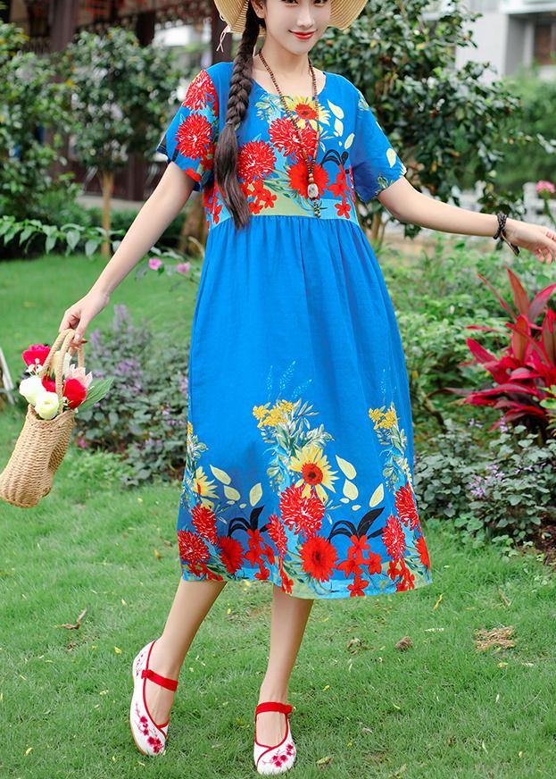 Unique blue short sleeve cotton Tunics print Maxi summer Dresses - bagstylebliss