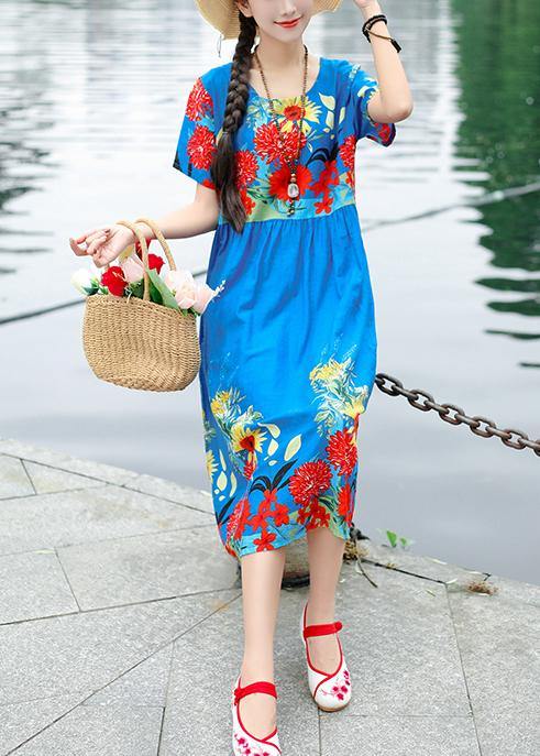 Unique blue short sleeve cotton Tunics print Maxi summer Dresses - bagstylebliss